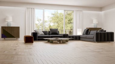 Büyük lüks, modern, parlak iç mekanlar. Oturma odası tasviri. 3D görüntüleme.