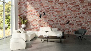 Büyük lüks, modern, parlak iç mekanlar. Oturma odası tasviri. 3D görüntüleme.