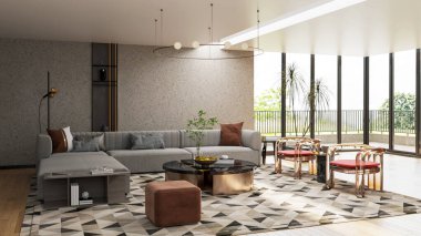 Büyük lüks, modern, parlak iç mekanlar. Oturma odası tasviri. 3D görüntüleme.