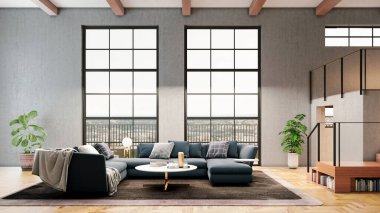 Büyük lüks, modern, parlak iç mekanlar. Oturma odası tasviri. 3D görüntüleme.