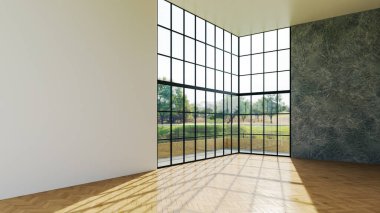 Büyük lüks, modern, parlak iç mekanlar. Oturma odası tasviri. 3D görüntüleme.