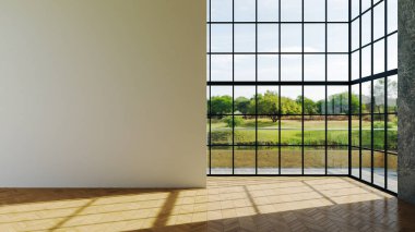 Büyük lüks, modern, parlak iç mekanlar. Oturma odası tasviri. 3D görüntüleme.