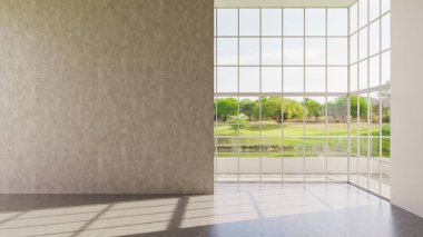 Büyük lüks, modern, parlak iç mekanlar. Oturma odası tasviri. 3D görüntüleme.