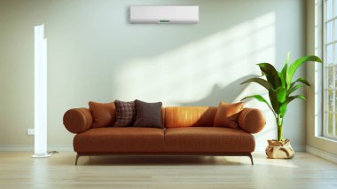 Büyük lüks, modern, aydınlık bir oturma odası. Klima modelleme çizimi 3D.