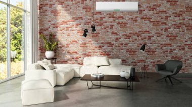 Büyük lüks, modern, aydınlık bir oturma odası. Klima modelleme çizimi 3D.