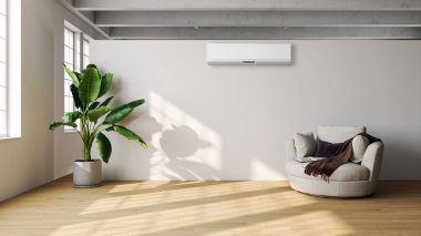 Büyük lüks, modern, aydınlık bir oturma odası. Klima modelleme çizimi 3D.