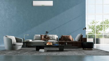 Büyük lüks, modern, aydınlık bir oturma odası. Klima modelleme çizimi 3D.