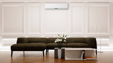 Büyük lüks, modern, aydınlık bir oturma odası. Klima modelleme çizimi 3D.