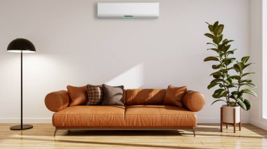 Büyük lüks, modern, aydınlık bir oturma odası. Klima modelleme çizimi 3D.