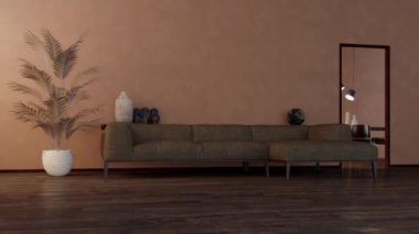 3D video görüntüsü, oturma odasının çağdaş iç tasarımı. Oturma odasının içi çok şık.