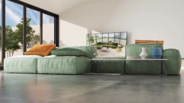 3D video görüntüsü, oturma odasının çağdaş iç tasarımı. Oturma odasının içi çok şık.