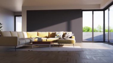 3D video görüntüsü, oturma odasının çağdaş iç tasarımı. Oturma odasının içi çok şık.