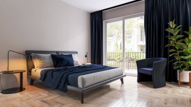 Büyük lüks, modern, parlak iç mekanlar. Oturma odası tasviri. 3D görüntüleme.