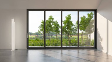 Büyük lüks, modern, parlak iç mekanlar. Oturma odası tasviri. 3D görüntüleme.