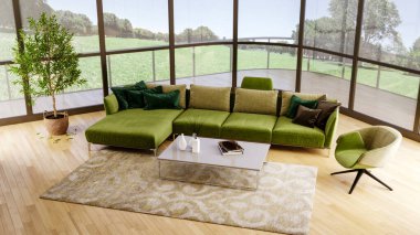 Büyük lüks, modern, parlak iç mekanlar. Oturma odası tasviri. 3D görüntüleme.