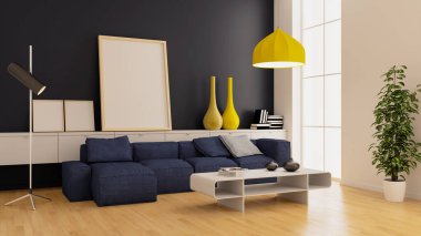 Büyük lüks, modern, parlak iç mekanlar. Oturma odası tasviri. 3D görüntüleme.