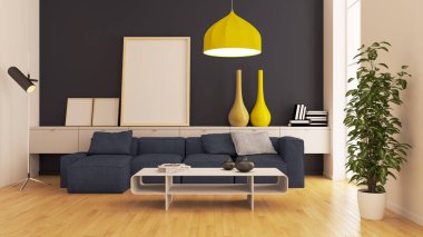 Büyük lüks, modern, parlak iç mekanlar. Oturma odası tasviri. 3D görüntüleme.