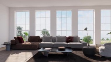 3d video rendering footage contemporary interior design of the living room. Stylish interior of the living room