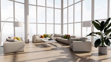 Büyük lüks, modern, parlak iç mekanlar. Oturma odası tasviri. 3D görüntüleme.