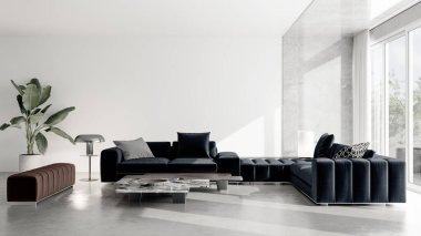 Büyük lüks, modern, parlak iç mekanlar. Oturma odası tasviri. 3D görüntüleme.