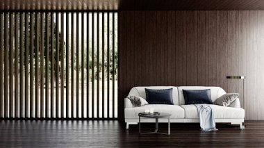 Büyük lüks, modern, parlak iç mekanlar. Oturma odası tasviri. 3D görüntüleme.