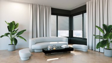 Büyük lüks, modern, parlak iç mekanlar. Oturma odası tasviri. 3D görüntüleme.