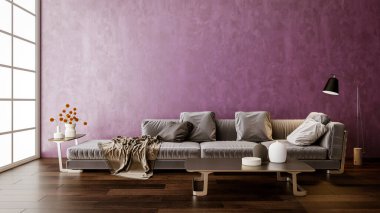 Büyük lüks, modern, parlak iç mekanlar. Oturma odası tasviri. 3D görüntüleme.