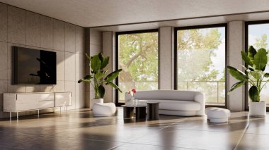 Büyük lüks, modern, parlak iç mekanlar. Oturma odası tasviri. 3D görüntüleme.