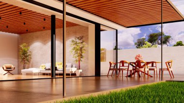 Büyük lüks, modern, parlak iç mekanlar. Oturma odası tasviri. 3D görüntüleme.