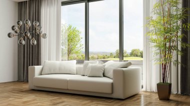 Büyük lüks, modern, parlak iç mekanlar. Oturma odası tasviri. 3D görüntüleme.