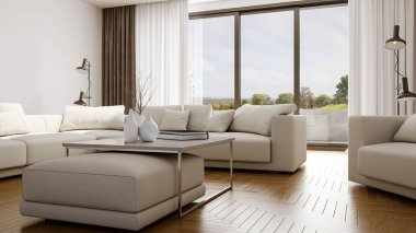 Büyük lüks, modern, parlak iç mekanlar. Oturma odası tasviri. 3D görüntüleme.