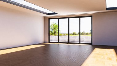 Büyük lüks, modern, parlak iç mekanlar. Oturma odası tasviri. 3D görüntüleme.