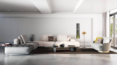 Büyük lüks, modern, parlak iç mekanlar. Oturma odası tasviri. 3D görüntüleme.