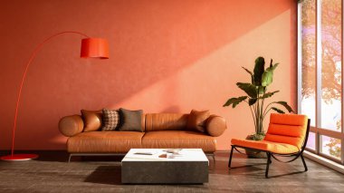 Büyük lüks, modern, parlak iç mekanlar. Oturma odası tasviri. 3D görüntüleme.