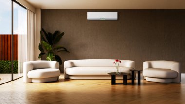 Büyük lüks, modern, aydınlık bir oturma odası. Klima modelleme çizimi 3D.