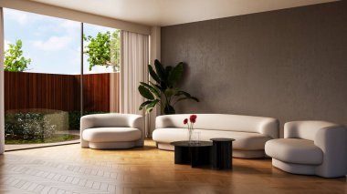 Büyük lüks, modern, parlak iç mekanlar. Oturma odası tasviri. 3D görüntüleme.