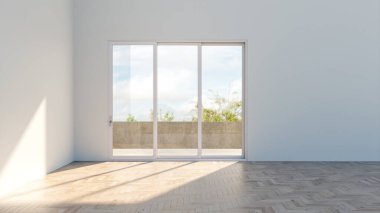 Büyük lüks, modern, parlak iç mekan oturma odası, afiş illüstrasyonu 3D dijital görüntü oluşturan bilgisayar.