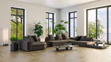 Büyük lüks, modern, parlak iç mekanlar. Oturma odası tasviri. 3D görüntüleme.