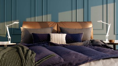 Büyük lüks, modern, parlak iç mekanlar. Oturma odası tasviri. 3D görüntüleme.