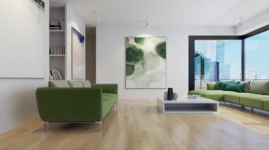 3D video görüntüsü, oturma odasının çağdaş iç tasarımı. Oturma odasının içi çok şık.