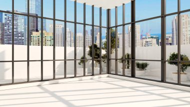 Büyük lüks, modern, parlak iç mekanlar. Oturma odası tasviri. 3D görüntüleme.