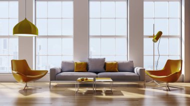 Büyük lüks, modern, parlak iç mekanlar. Oturma odası tasviri. 3D görüntüleme.