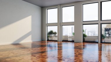 Büyük lüks, modern, parlak iç mekanlar. Oturma odası tasviri. 3D görüntüleme.