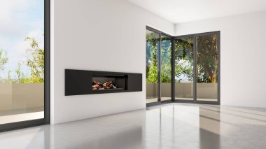 Büyük lüks, modern, parlak iç mekanlar. Oturma odası tasviri. 3D görüntüleme.
