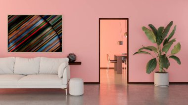 Büyük lüks, modern, parlak iç mekanlar. Oturma odası tasviri. 3D görüntüleme.