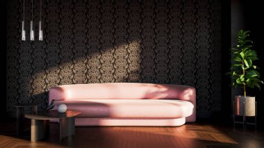 Büyük lüks, modern, parlak iç mekanlar. Oturma odası tasviri. 3D görüntüleme.