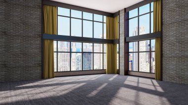 Büyük lüks, modern, parlak iç mekanlar. Oturma odası tasviri. 3D görüntüleme.