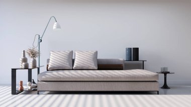 Büyük lüks, modern, parlak iç mekanlar. Oturma odası tasviri. 3D görüntüleme.