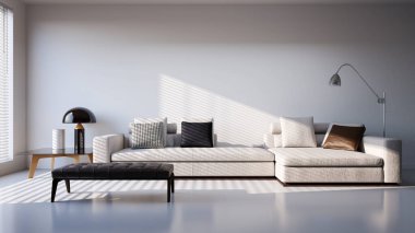 Büyük lüks, modern, parlak iç mekanlar. Oturma odası tasviri. 3D görüntüleme.