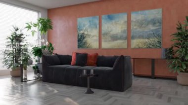 3d video rendering footage contemporary interior design of the living room. Stylish interior of the living room